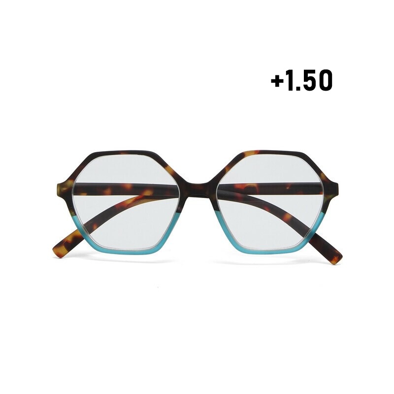 Occhiale da lettura con montatura squadrata di colore havana blu, lenti da lettura +1.50 diottrie con filtro luce blu